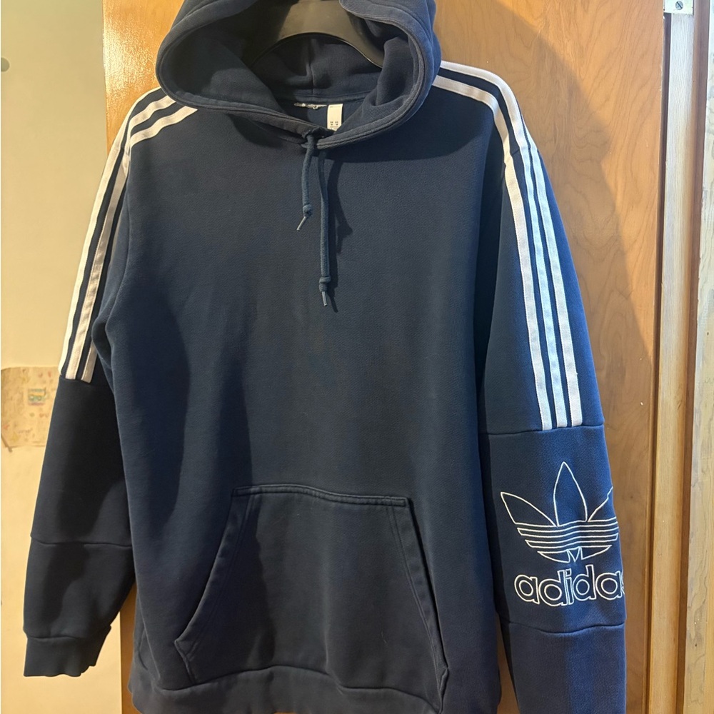 adidas Navy Hoodie with White Three-Stripe Sleeves